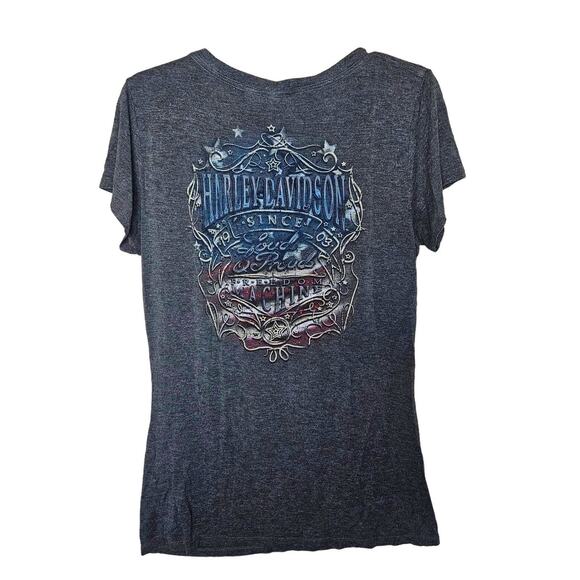 Harley Davidson Graphic Tee Size Medium V-Neck Patriotic Bling Henley Biker USA - Picture 1 of 9